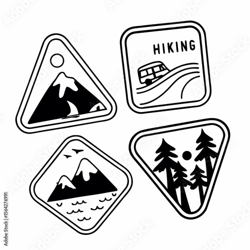 Four outdoor adventure patches featuring mountains, trees, and a hiking van
