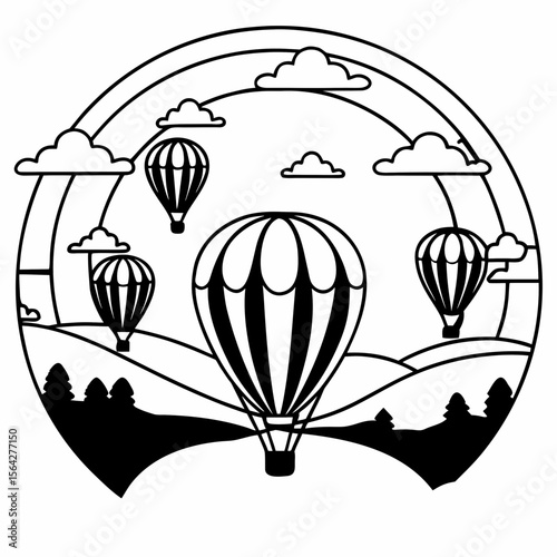 Hot air balloons float over a mountainous landscape, isolated on white background