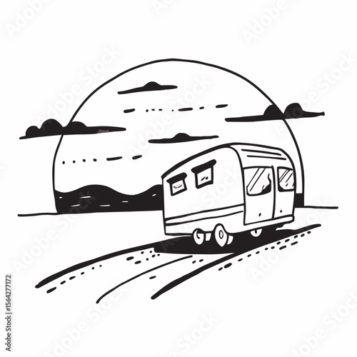 A caravan travels on the road against a sunset backdrop, isolated on white