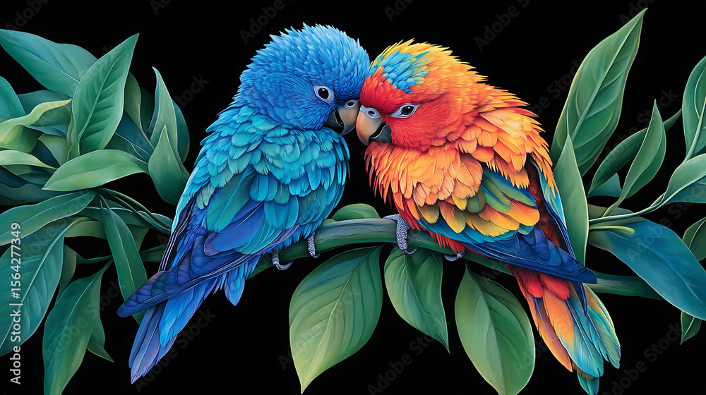 Obraz premium Vibrant Tropical Parrots Perched Together on a Leafy Branch in Lush Jungle with Bold Feathers and Exotic Colors Against a Black Background