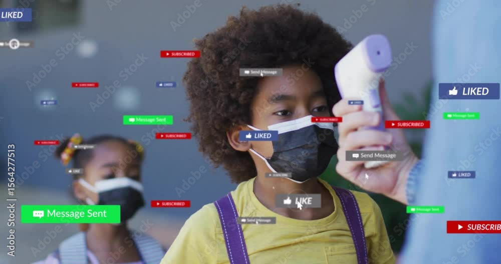 Staff using infrared thermometer scanning student temp showing floating icons for health screening
