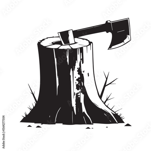 Illegal Logging Axe and Tree silhouette