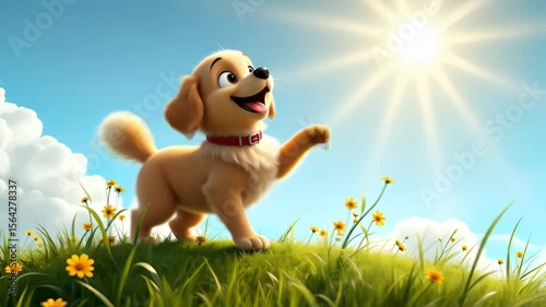 Cheerful Cartoon Puppy Playing in Bright Sunshine with Blue Sky and Green Grass in a Colorful Landscape