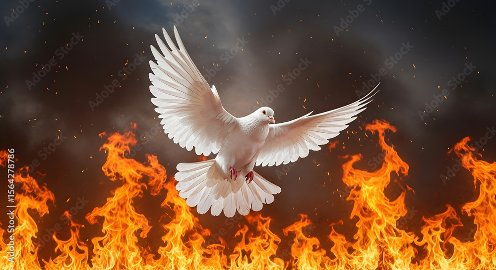 Fototapeta premium White Dove Soaring Above Fiery Inferno, Dramatic Religious Symbolism - High-quality stock image for commercial use