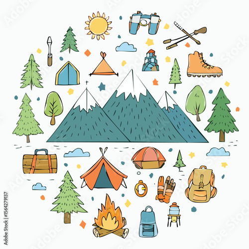 Hand drawn camping and hiking equipment arranged in a circle around mountains trees
