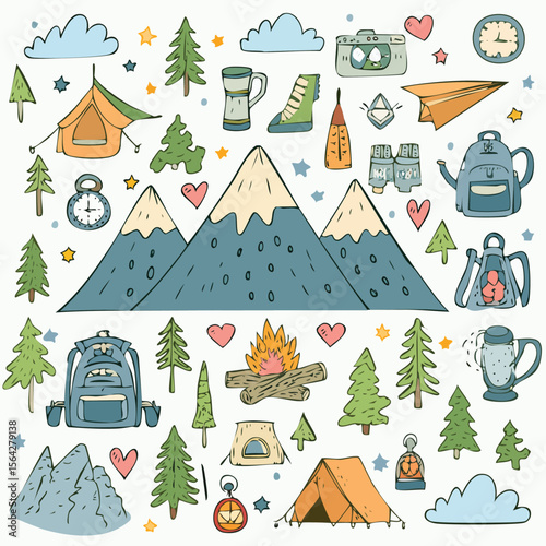 Hand drawn camping elements with mountains trees tents and campfire outdoors nature