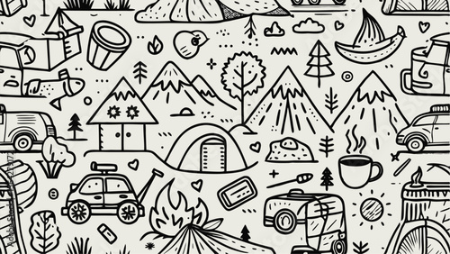 Black and white doodle pattern of camping and outdoor adventure elements nature travel