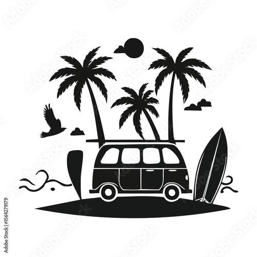 Black silhouette of a vintage van with surfboards and palm trees on a beach campervan