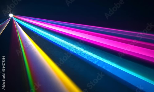 Colorful light beams create visual art in a dark room during laser display event