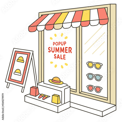 Charming illustration of a pop up summer sale shop window displaying sunglasses hats and flip flops with a promotional sign