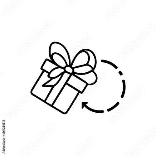 Simple black and white graphic of a gift box in motion, suggesting a gift exchange or rotation.