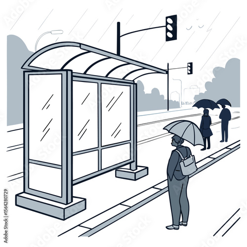 People with umbrellas wait at a bus stop shelter during a rainy day with traffic lights visible in the background cityscape