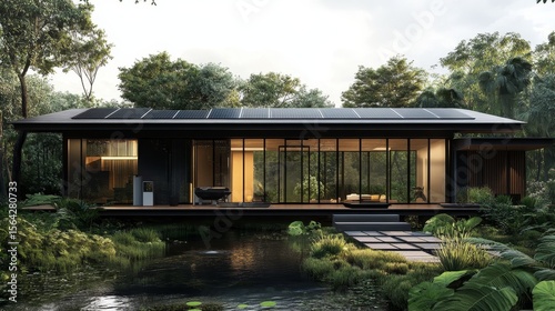 Create an engaging illustration of a sustainable modern house, showcasing sleek architecture with solar panels and a heat pump, surrounded by greenery, emphasizing eco-friendly living
