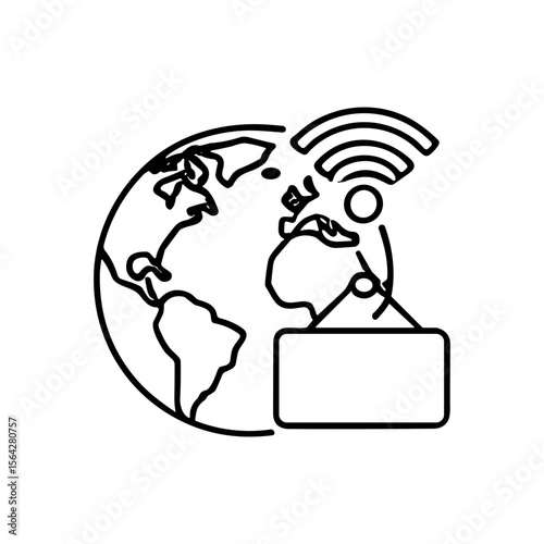 A stylized illustration of a person connected to the global network, holding a blank sign, representing global communication.