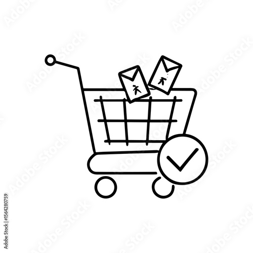 A shopping cart with packages and a checkmark, indicating completed purchase.