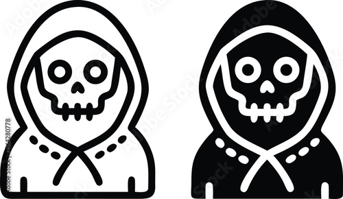 Grim Reaper Skull Icon Set – Black and White Hooded Skeleton Death Character Vector Illustration