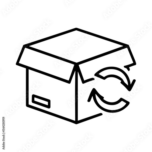 Open cardboard box with circular arrows, signifying recycling or reuse.