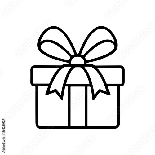 Simple black and white line art illustration of a gift box with a bow on top.