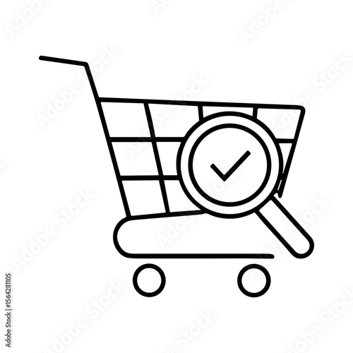 Shopping cart with magnifying glass and checkmark, signifying verified purchase or product research.