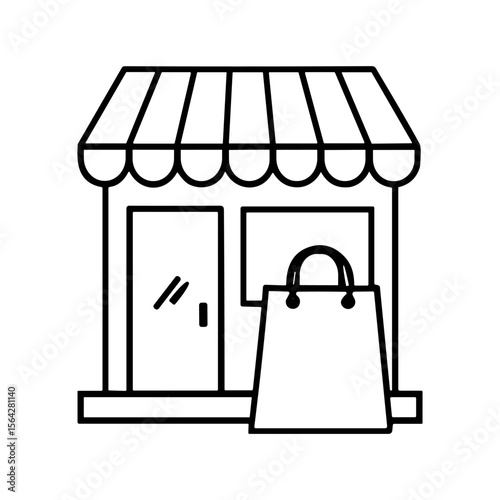 Simple line drawing of a small shop with awning and shopping bag.