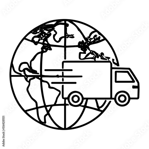 A delivery truck icon superimposed on a globe, conveying worldwide shipping.