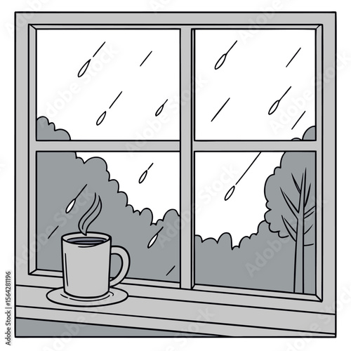 Cozy morning scene of a steaming cup of coffee on a windowsill watching the rain fall outside through a window pane