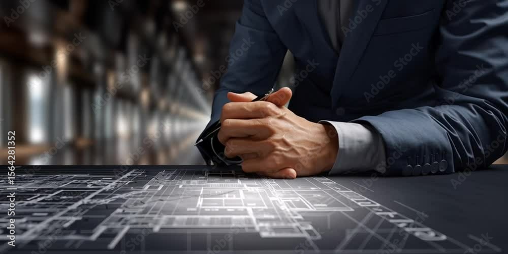 Profesional de negocios revisando y cerrando un acuerdo en planos arquitectónicos. generativa IA