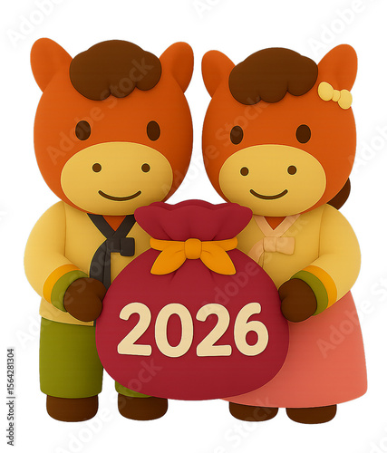 Horse, 2026, red horse, 12 zodiac signs, year of the horse, foal, hanbok, holiday, Korea, Korean holiday, new year, new year greetings, lucky bag, greeting, New Year's card, thank you greetings
