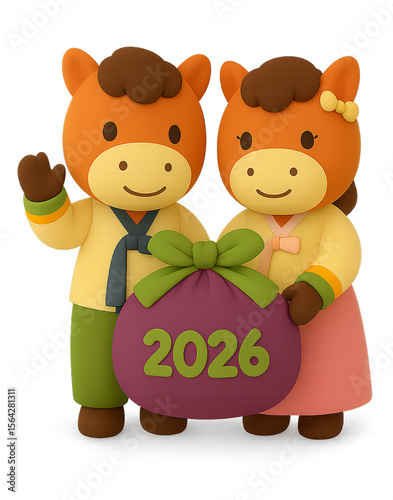 Horse, 2026, red horse, 12 zodiac signs, year of the horse, foal, hanbok, holiday, Korea, Korean holiday, new year, new year greetings, lucky bag, greeting, New Year's card, thank you greetings