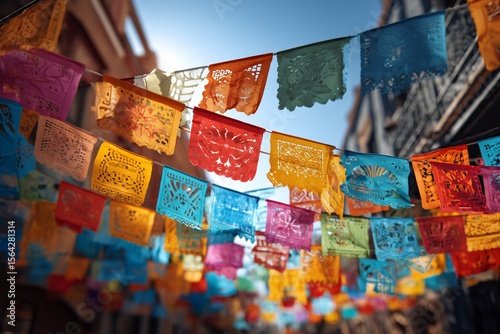 Colorful paper flags and garlands hanging in the air