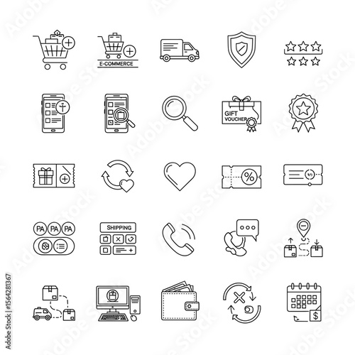 A collection of linear icons depicting online shopping, delivery, security, customer service, and rewards.