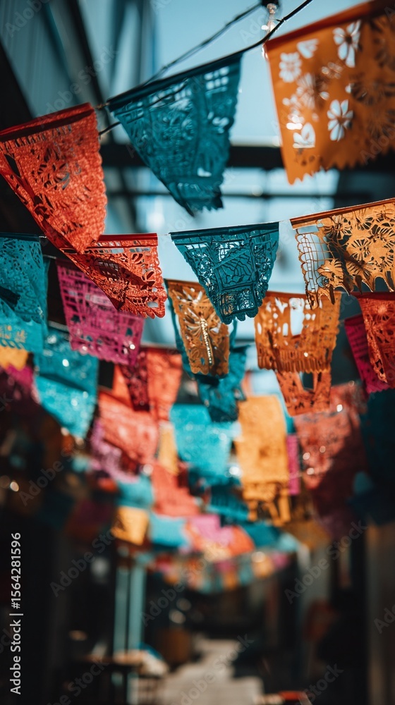 Obraz premium Colorful paper flags and garlands hanging in the air