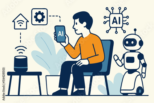 Flat Vector Illustration of Person Interacting with AI Technology in Daily Life