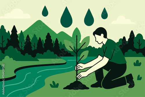 Flat Vector Illustration of Tree Planting Near River for Forest and Water Conservation