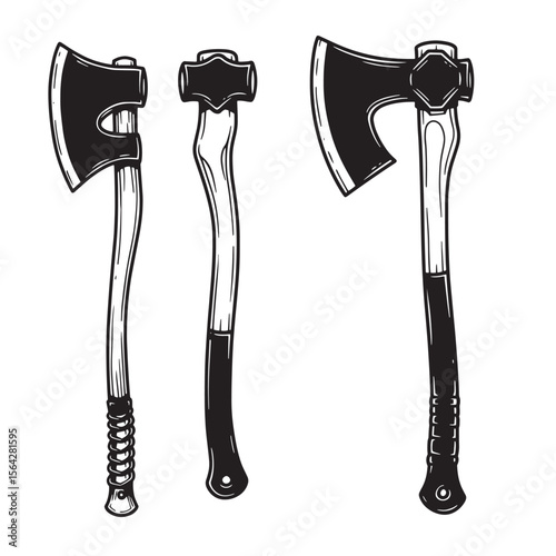Black and white axe hammer set hand drawn vector illustration ornament style