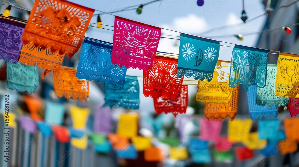Fototapeta premium Colorful paper flags and garlands hanging in the air