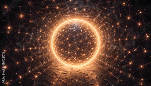 Dazzling digital sphere glows amidst network of interconnected light nodes and futuristic dark geometric shapes.