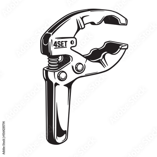 Black and white illustration of a detailed woodworking clamp with the brand name 4set in bold lettering.
