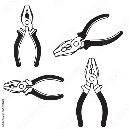 Black and white pliers illustration set for various design applications