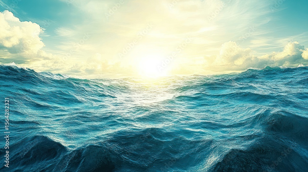 Obraz premium Ocean Waves Under Bright Sunlight: Serene Waterscape with Dramatic Sky.