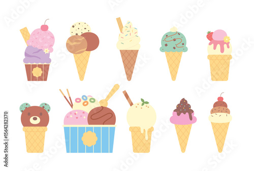 Cute flat vector set of colorful ice cream cones and cups in various styles and flavors. Summer dessert collection with sprinkles, fruits, and toppings.