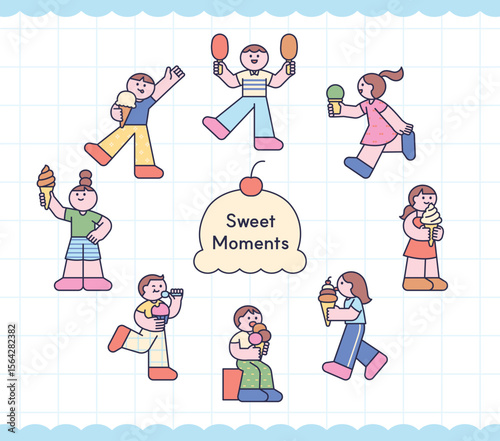 Cute vector illustration of children enjoying ice cream in summer. Happy and playful kids with different ice cream styles. Sweet and joyful moments.