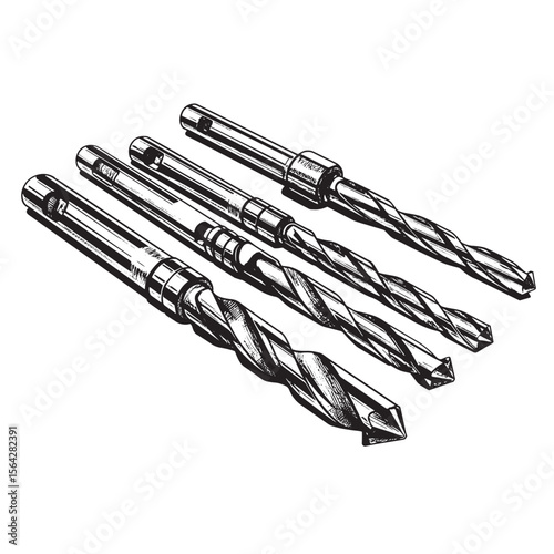 Detailed black and white illustration of a drill bit set for construction projects