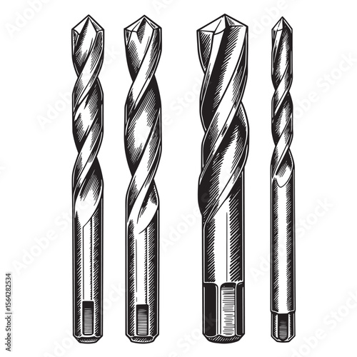Detailed engraved illustration of a set of four drill bits isolated on a white background