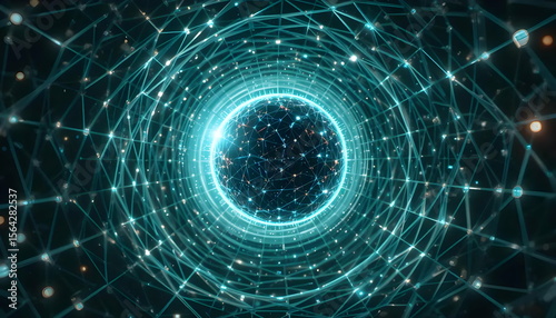 Conceptual technology rendering showcases a glowing sphere enveloped in network connectivity for innovative systems and global communication.