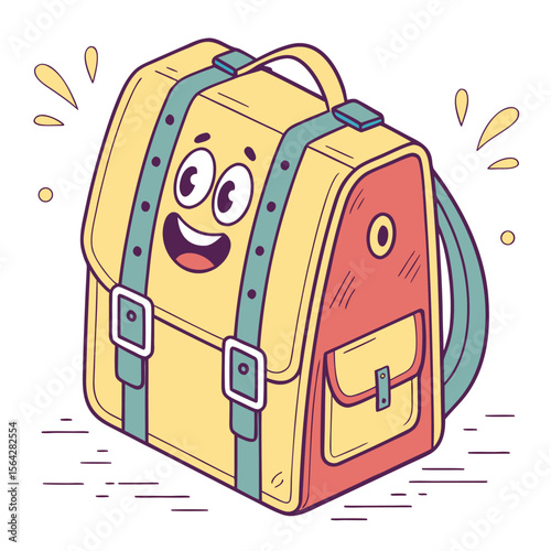 A cheerful cartoon yellow and red school backpack with a happy face and teal straps is depicted in a playful isometric illustration