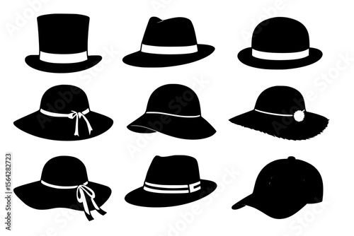 Variety of Hat Silhouettes in Black on Light Background
