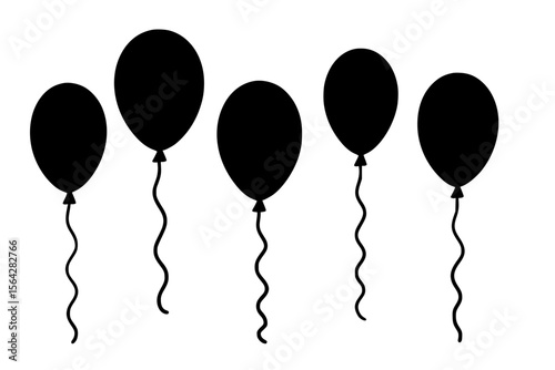 Silhouettes of black balloons floating against a white background