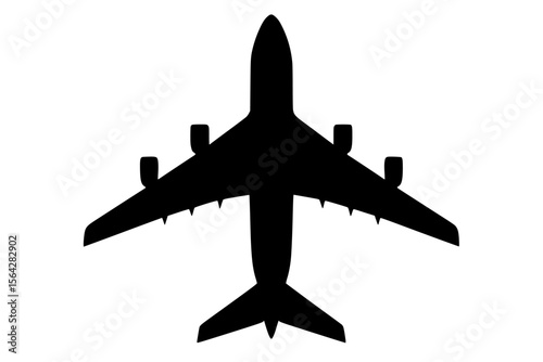 Silhouette of an Airplane in Flight, Black Color Isolated on White Background