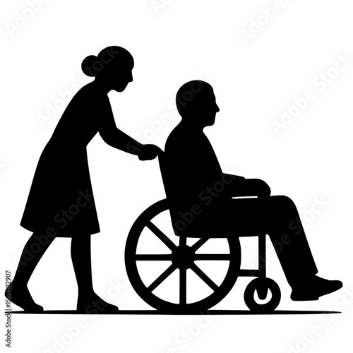 Silhouette of a caregiver assisting a person in a wheelchair